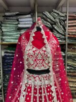 Red Heavy Butterfly Net Beautiful Embroidery Work Bridal Lehenga