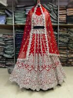 Red Heavy Butterfly Net Beautiful Embroidery Work Bridal Lehenga
