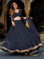 Black Color Georgette Fabric Jari Cording Lace Leheriya Print Work Lehenga