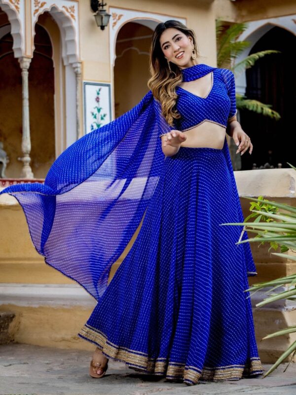 Blue Color Georgette Fabric Jari Cording Lace Leheriya Print Work Lehenga