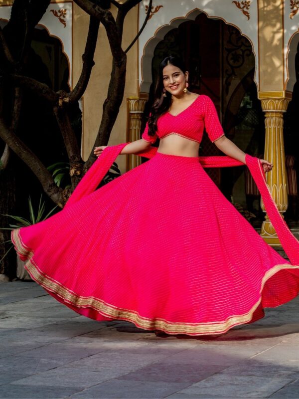 Pink Color Georgette Fabric Jari Cording Lace Leheriya Print Work Lehenga