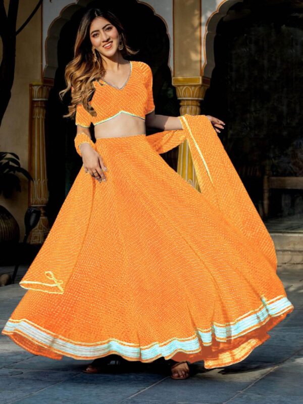 Yellow Color Georgette Fabric Jari Cording Lace Leheriya Print Work Lehenga