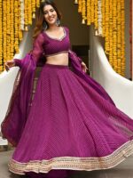 Purple Color Georgette Fabric Jari Cording Lace Leheriya Print Work Lehenga