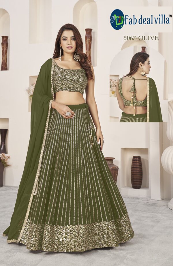 Olive Color Georgette Fabric Embroidery Work Lehenga