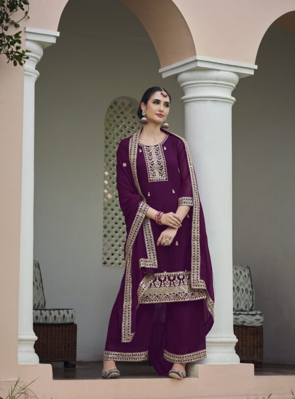 Wine Color Real Georgette Fabric Embroidery Sequence Work Suit