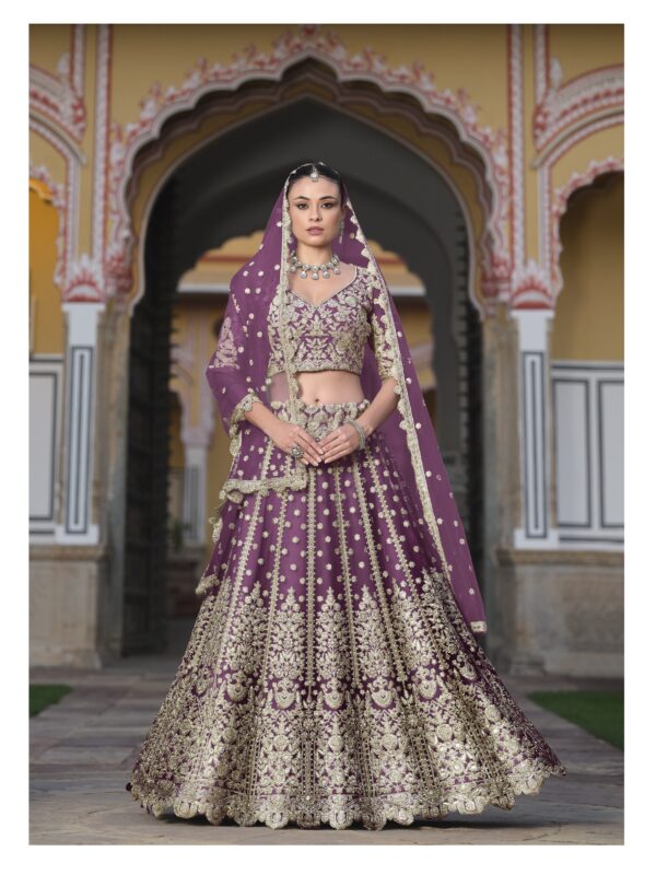 Lavender Color Heavy Butterfly Net Fabric Beautiful Embroidery Work Bridal Lehenga