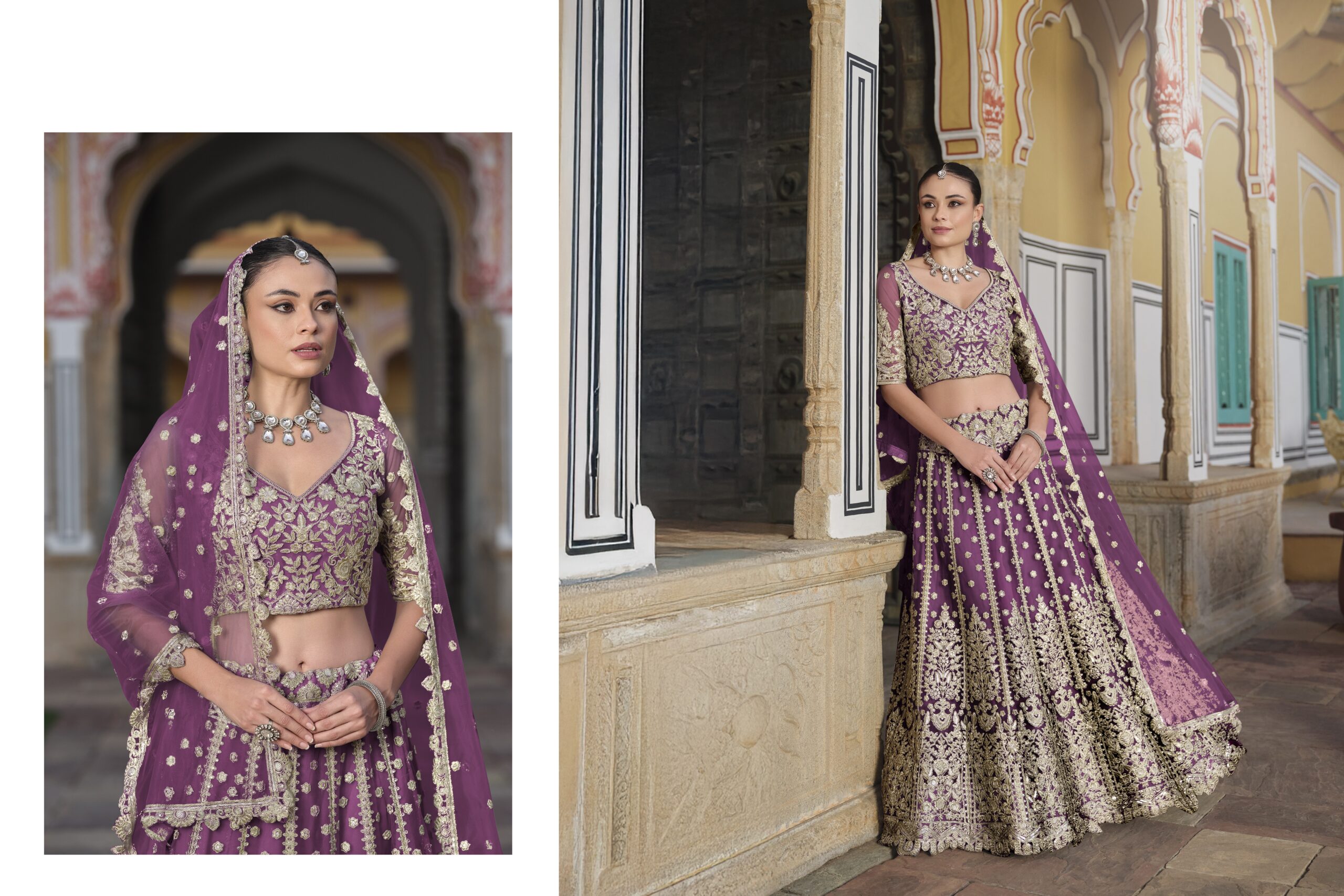 Lavender Color Heavy Butterfly Net Fabric Beautiful Embroidery Work Bridal Lehenga