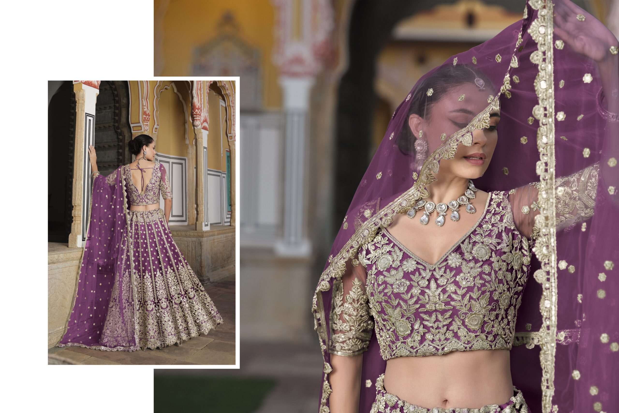 Lavender Color Heavy Butterfly Net Fabric Beautiful Embroidery Work Bridal Lehenga