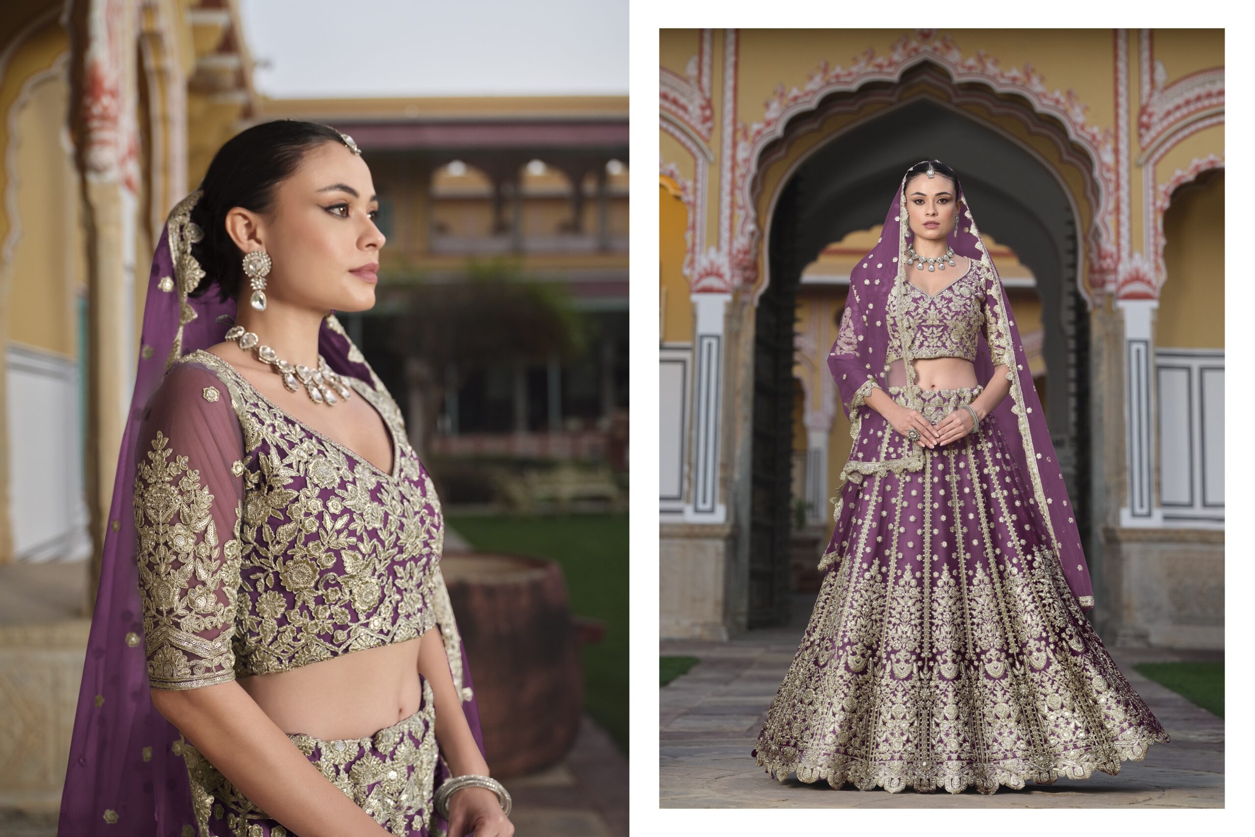 Lavender Color Heavy Butterfly Net Fabric Beautiful Embroidery Work Bridal Lehenga