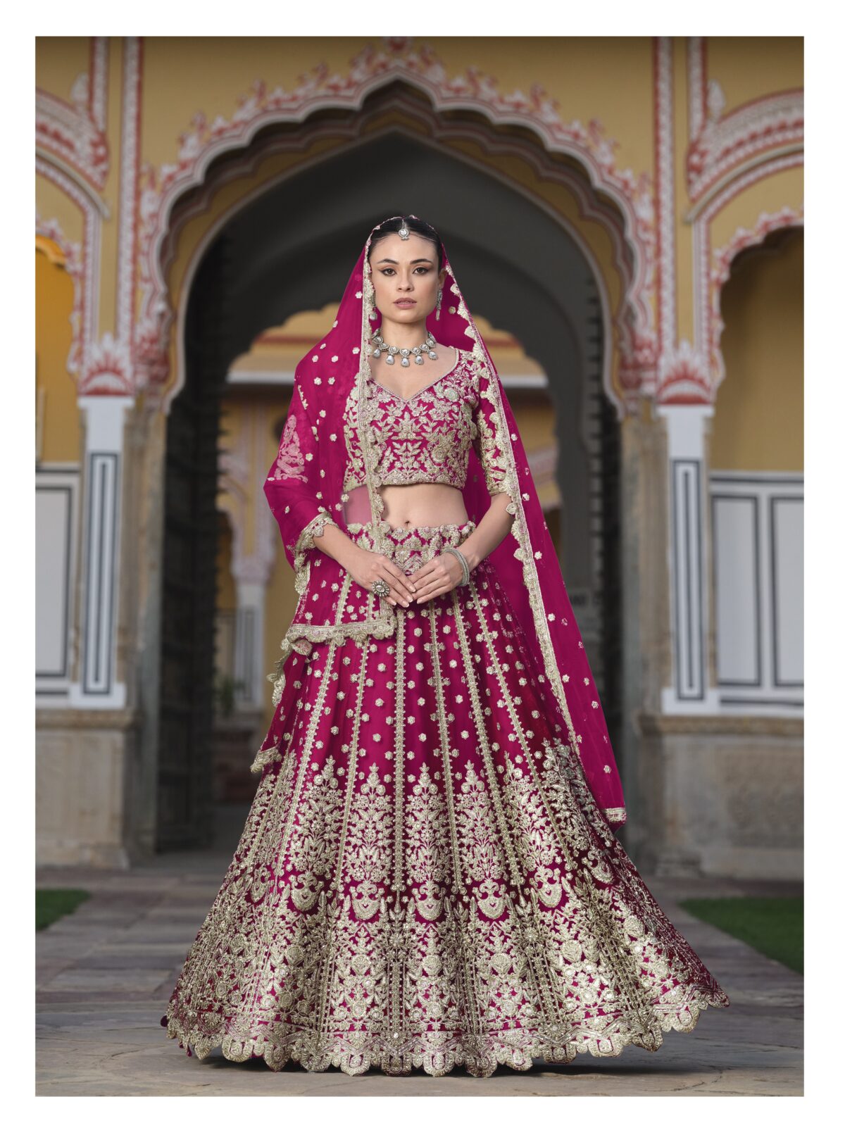Pink Color Heavy Butterfly Net Fabric Beautiful Embroidery Work Bridal Lehenga