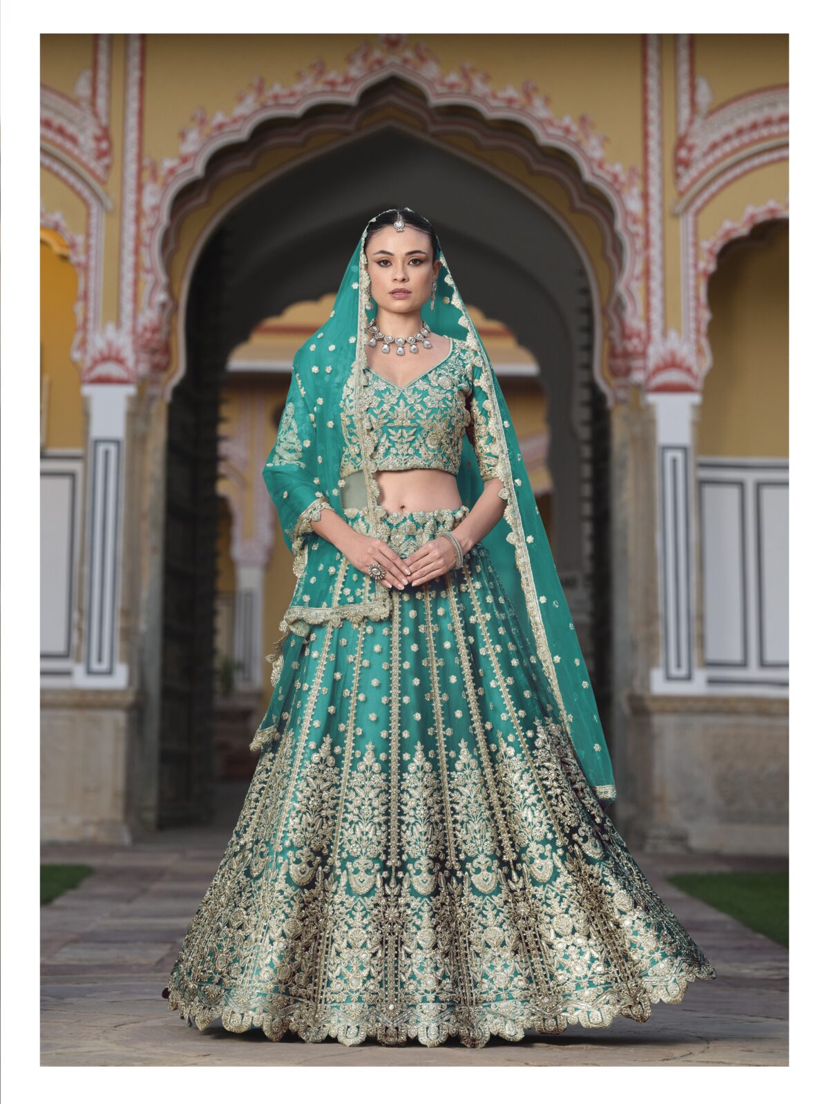 Rama Green Color Heavy Butterfly Net Fabric Beautiful Embroidery Work Bridal Lehenga
