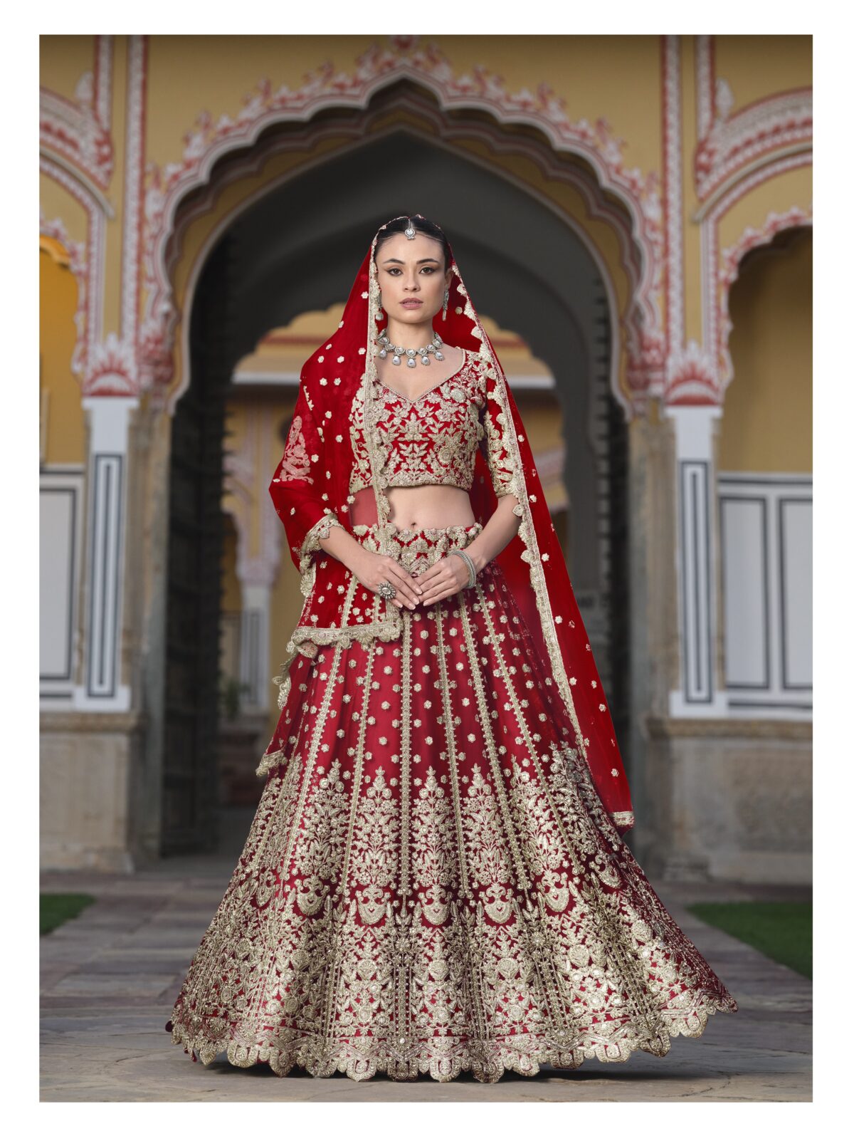 Red Color Heavy Butterfly Net Fabric Beautiful Embroidery Work Bridal Lehenga
