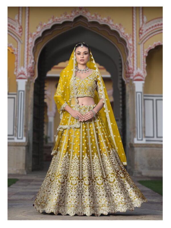 Yellow Color Heavy Butterfly Net Fabric Beautiful Embroidery Work Bridal Lehenga