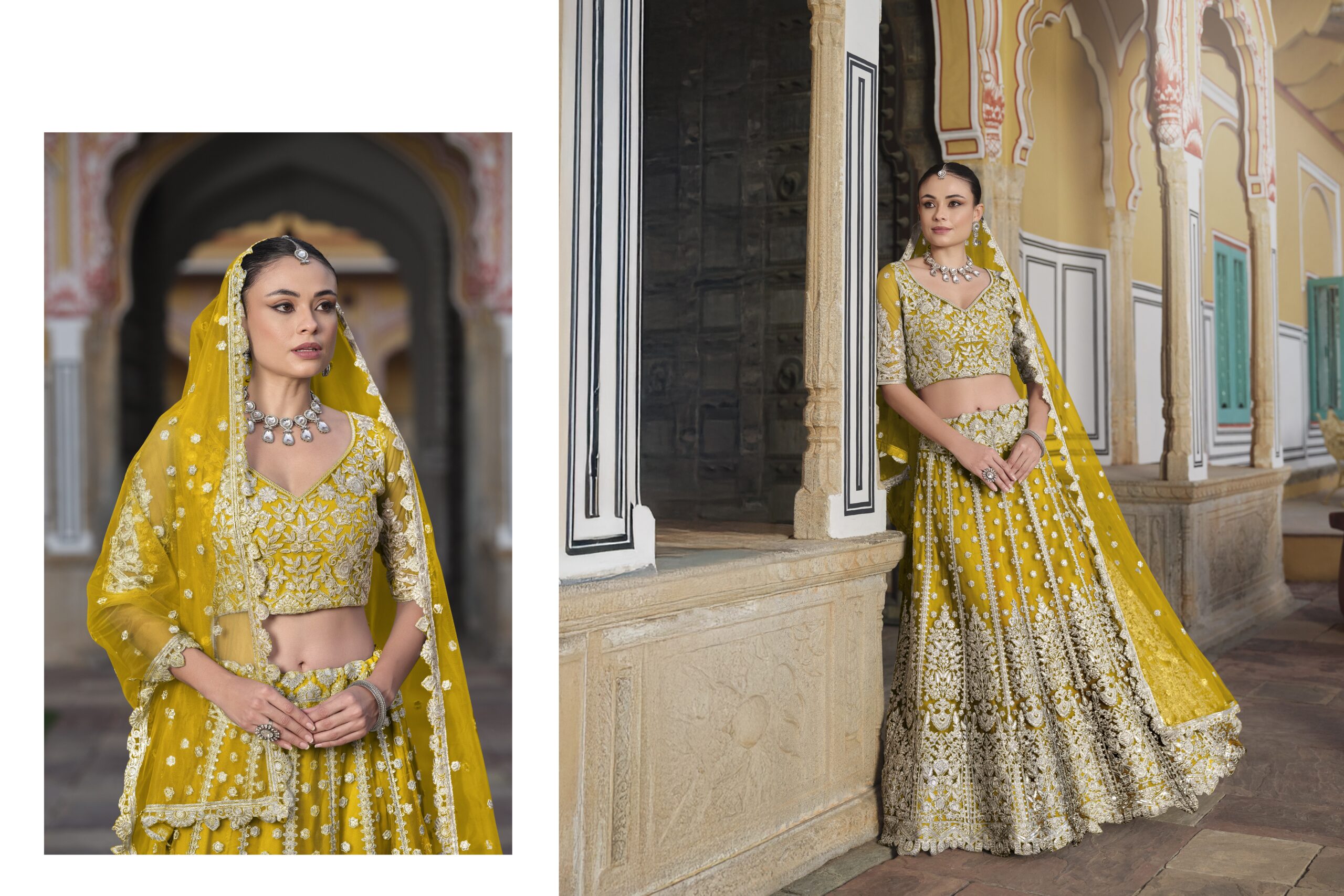 Yellow Color Heavy Butterfly Net Fabric Beautiful Embroidery Work Bridal Lehenga