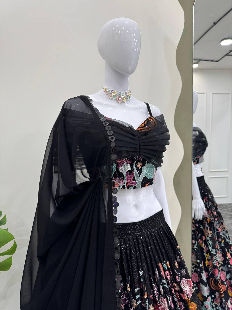 Black Color Faux Georgette Fabric Thread With Sequence Work Lehenga