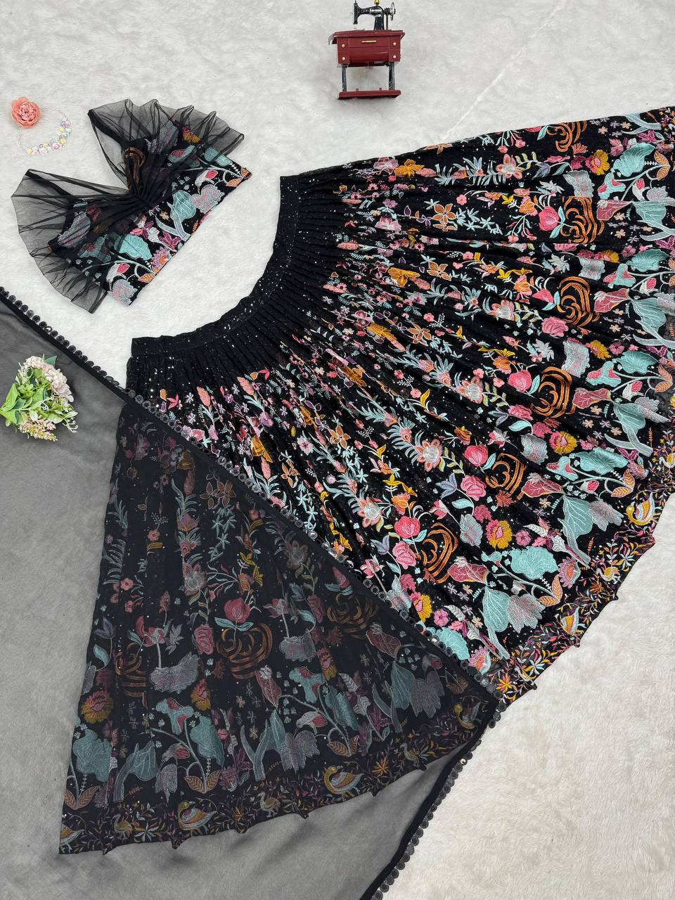 Black Color Faux Georgette Fabric Thread With Sequence Work Lehenga