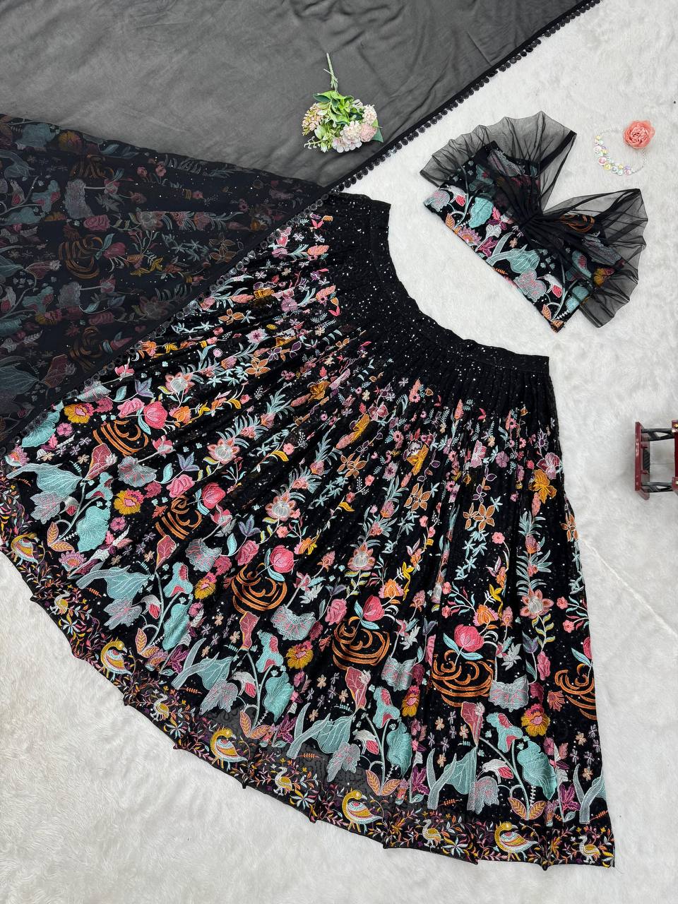 Black Color Faux Georgette Fabric Thread With Sequence Work Lehenga