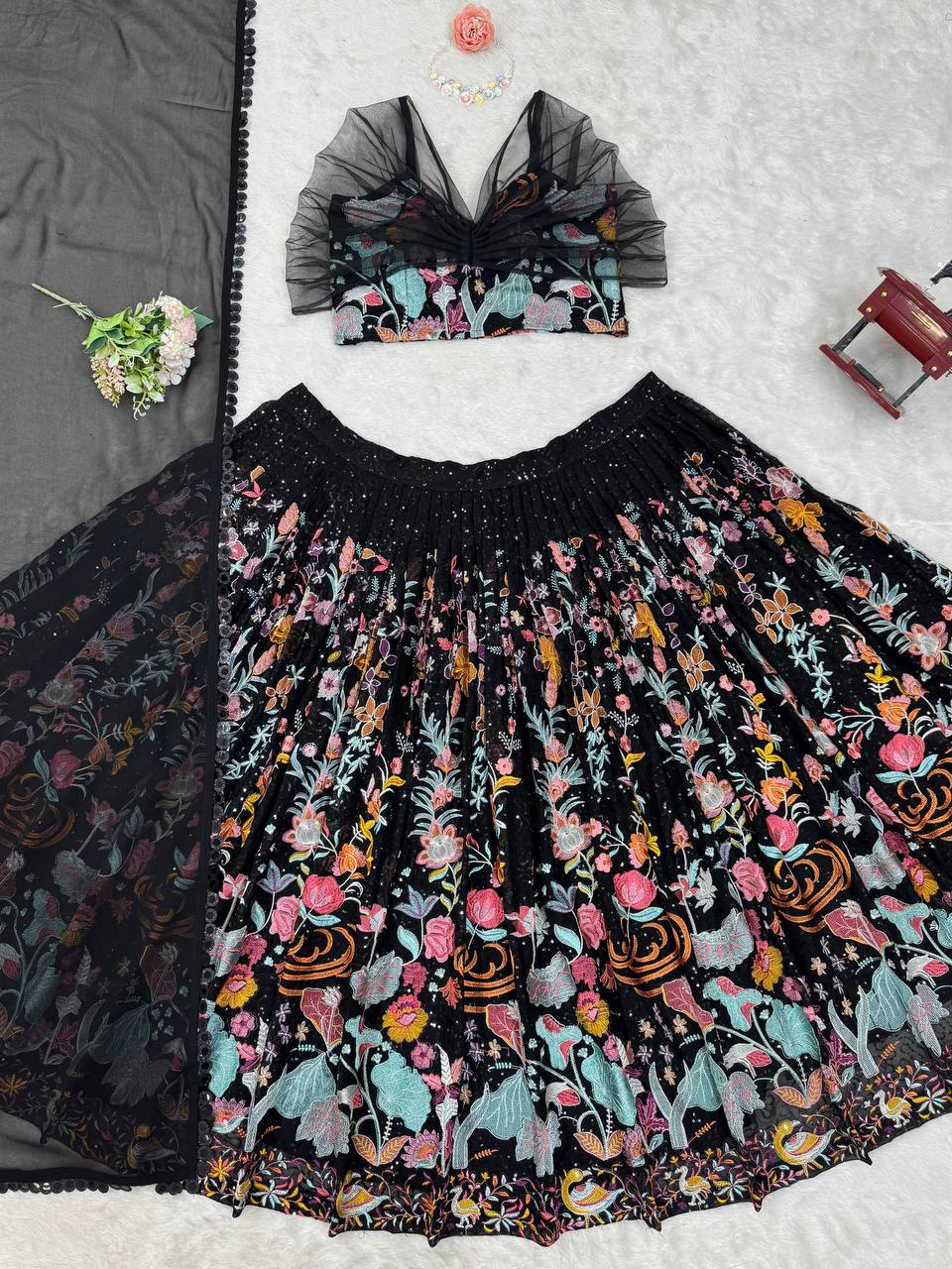 Black Color Faux Georgette Fabric Thread With Sequence Work Lehenga