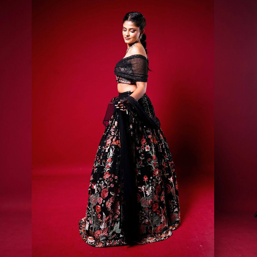 Black Color Faux Georgette Fabric Thread With Sequence Work Lehenga
