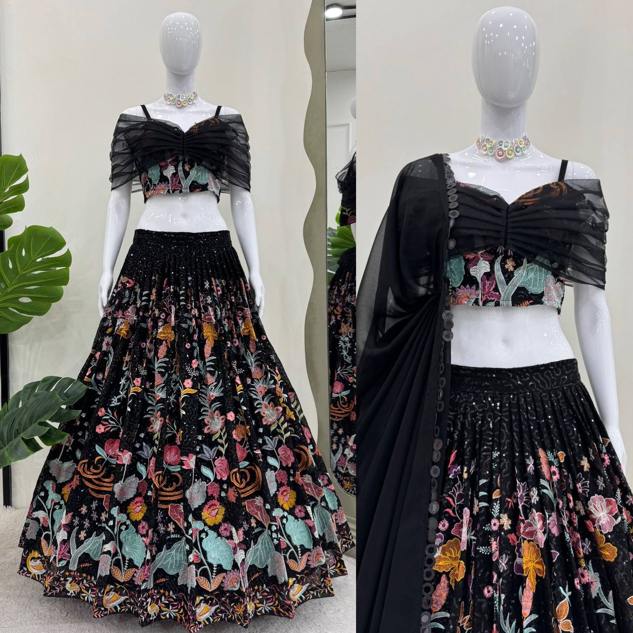 Black Color Faux Georgette Fabric Thread With Sequence Work Lehenga