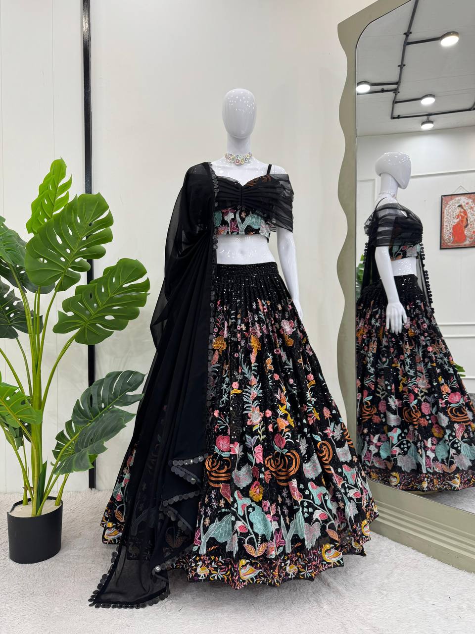 Black Color Faux Georgette Fabric Thread With Sequence Work Lehenga