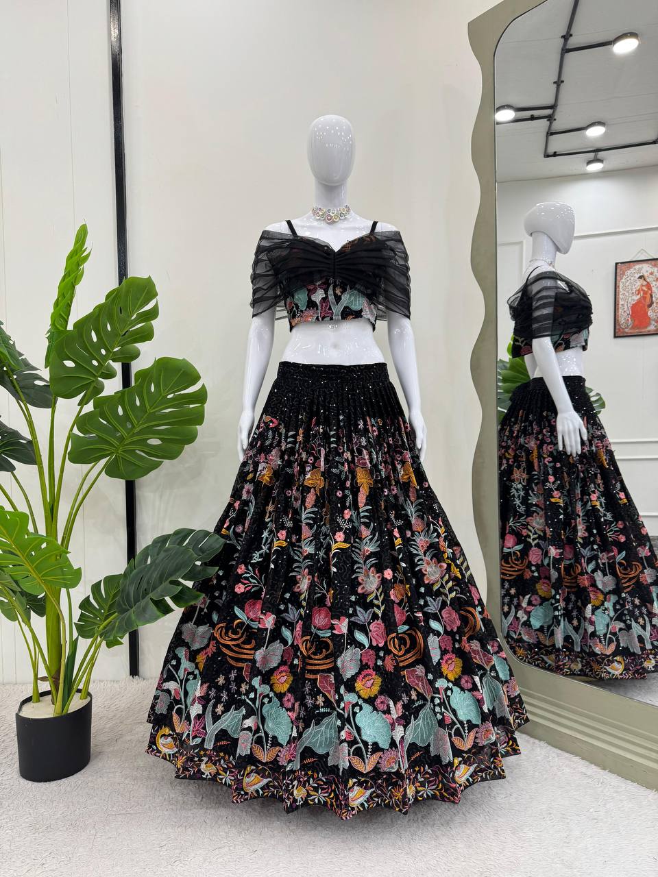 Black Color Faux Georgette Fabric Thread With Sequence Work Lehenga