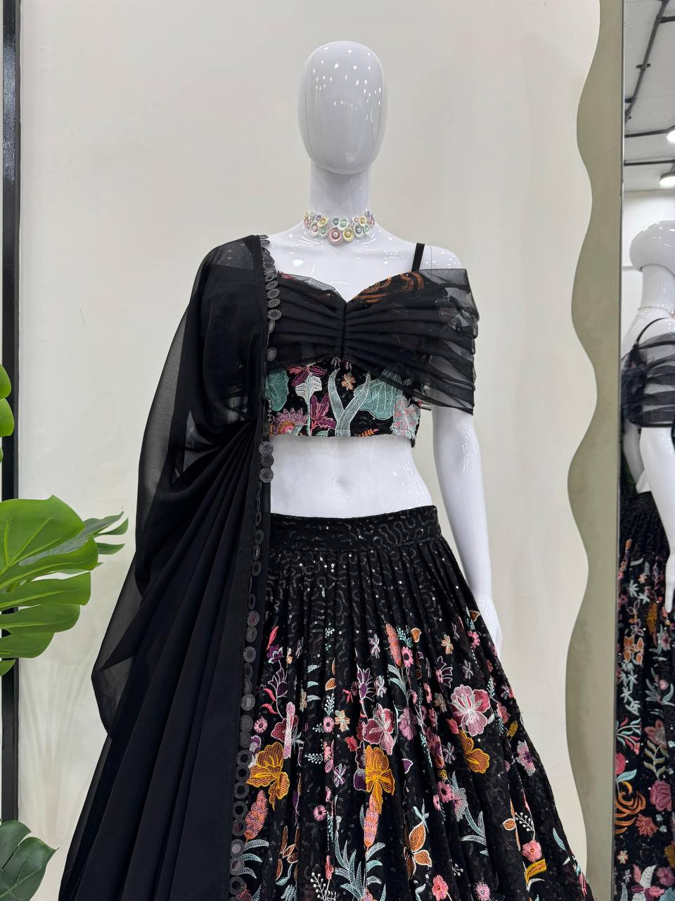 Black Color Faux Georgette Fabric Thread With Sequence Work Lehenga