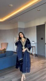 Dark Blue Color Viscose Velvet Fabric Sequence Work Palazzo Set