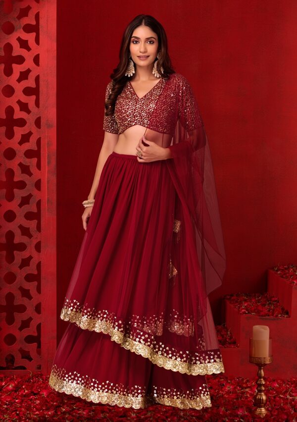 Red Color Georgette Fabric Embroidery Work Lehenga