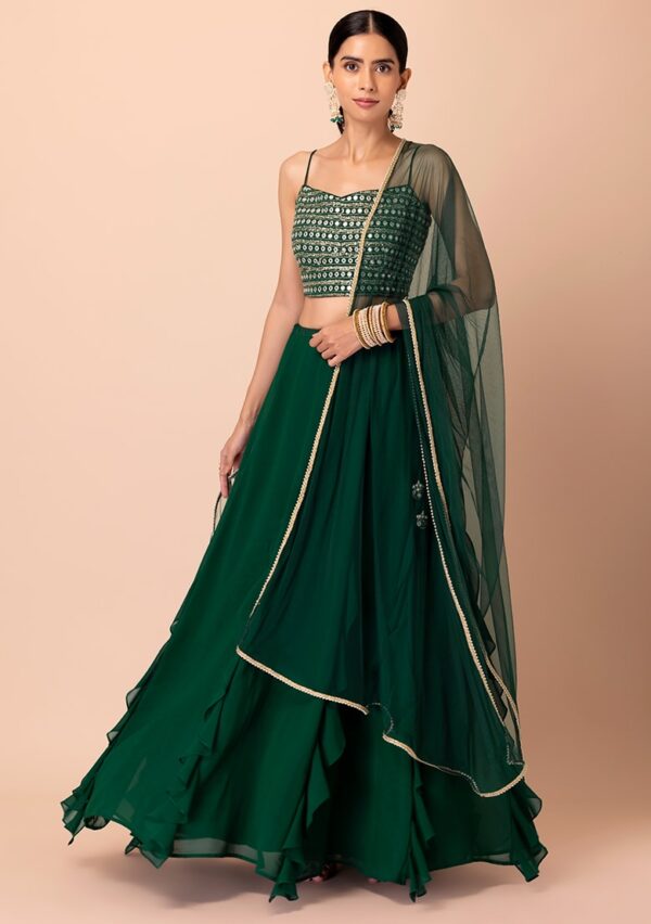 Green Color Georgette Fabric Embroidery Work Lehenga