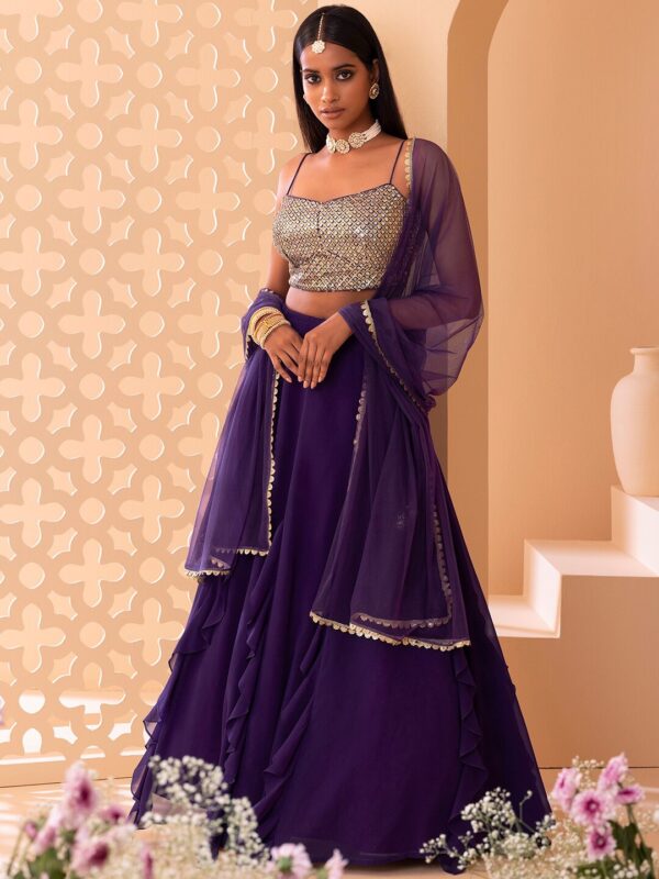 Purple Color Georgette Fabric Embroidery Work Lehenga