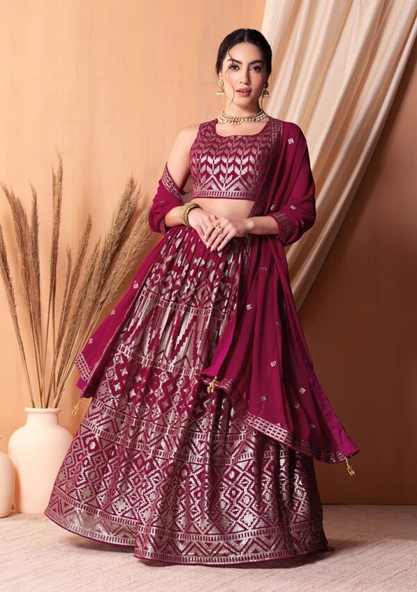 Dark Pink Color Georgette Fabric Sequence Thread Embroidery Work Lehenga