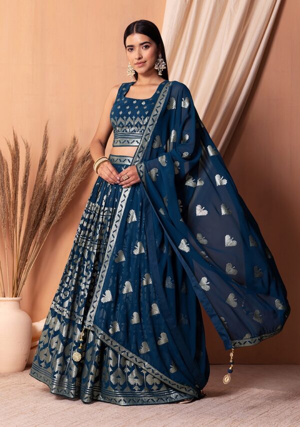 Blue Color Georgette Fabric Sequence Thread Embroidery Work Lehenga