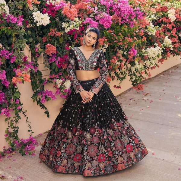 Black Color Faux Georgette Thread Sequence Work Lehenga