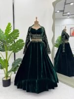 Green Color Viscos Velvet Thread Sequence Work Lehenga