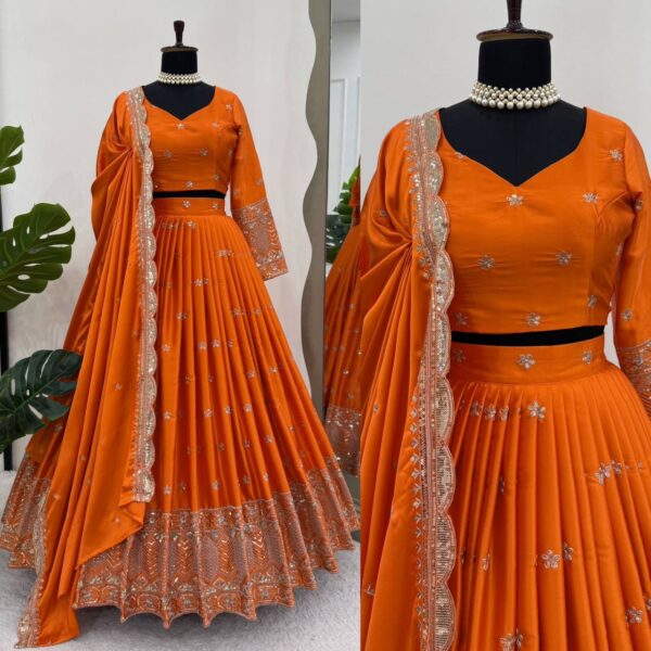 Orange Color Satin Silk Thread Sequence Work Lehenga