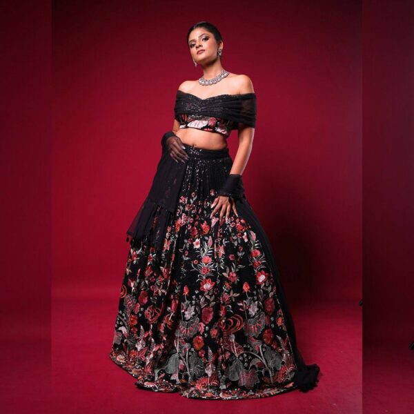 Black Color Faux Georgette Thread Sequence Work Lehenga