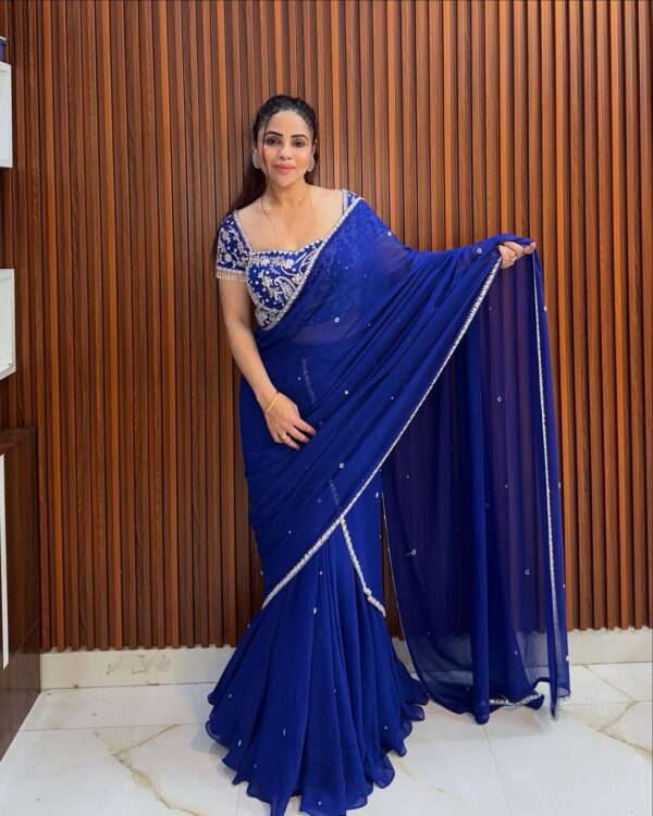 Blue Color Faux Georgette Ready To Wear Ruffle Style Lehenga Saree
