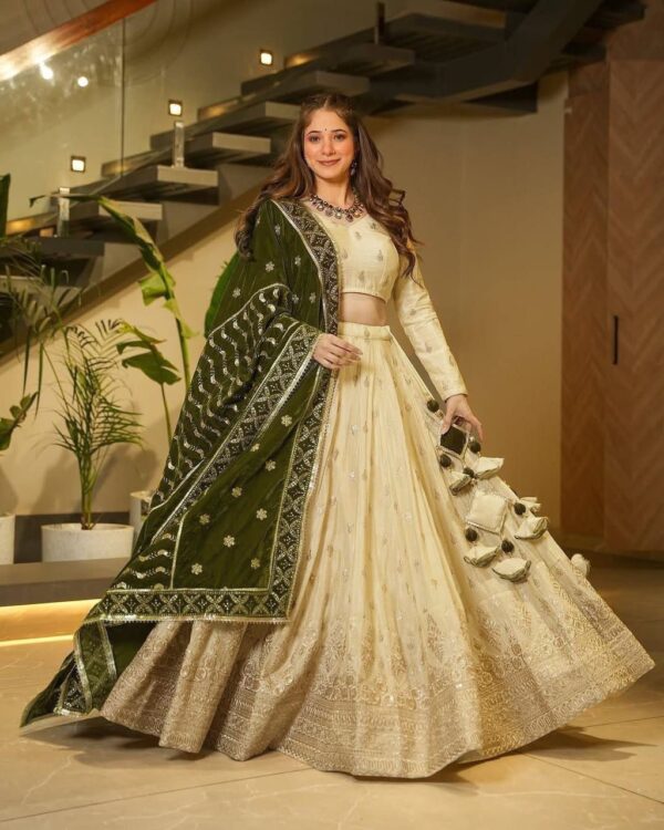 Off White Color Silkyani Slab Thread Sequence Work Lehenga