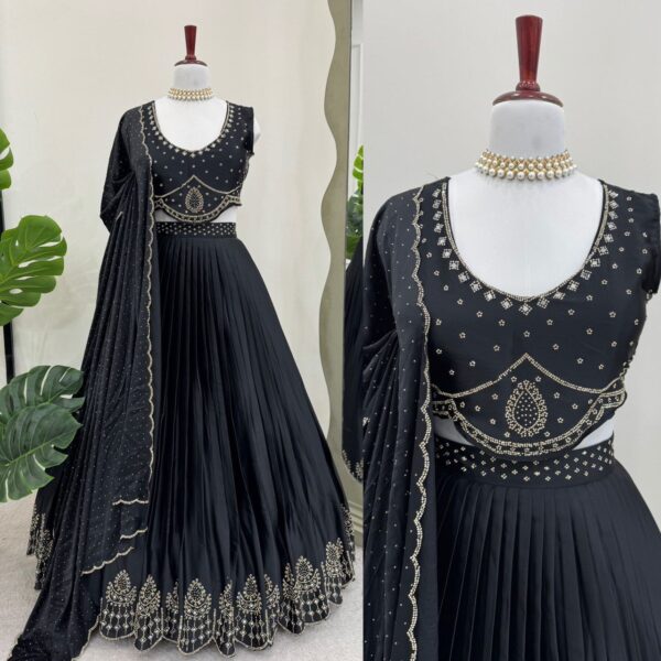 Black Color Satin Silk Hot Fixing Real Mirror Work Lehenga
