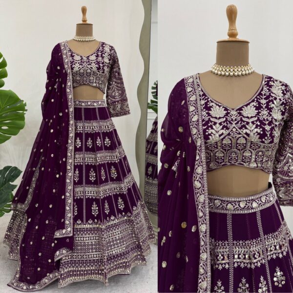 Wine Color Faux Georgette Thread Sequence Work Lehenga