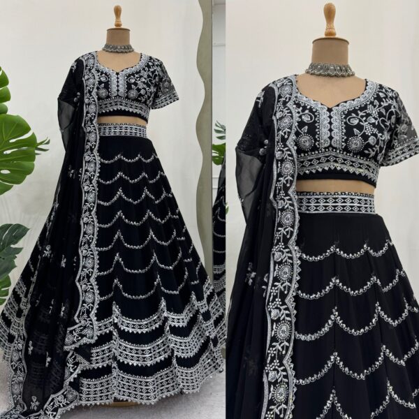 Black Color Faux Georgette Thread Sequence Work Lehenga