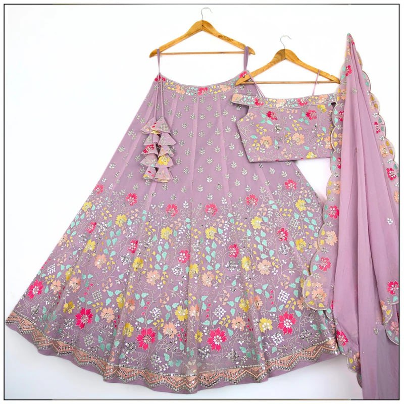 Light Purple Color Star Faux Georgette Fabric Sequence Embroidery Work Lehenga Choli