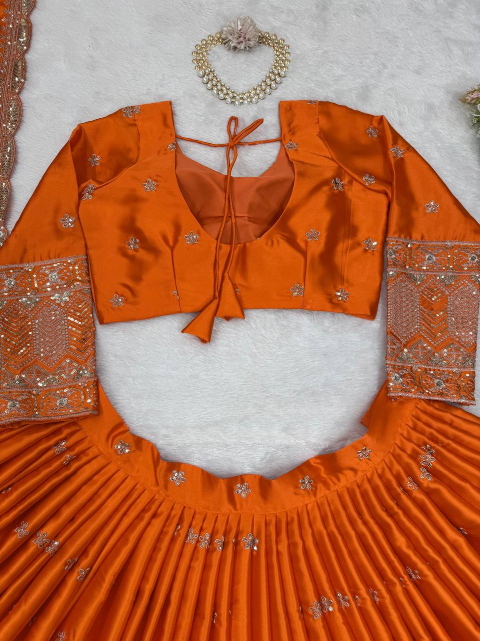 Orange Color Satin Silk Fabric With Sequence Work Lehenga
