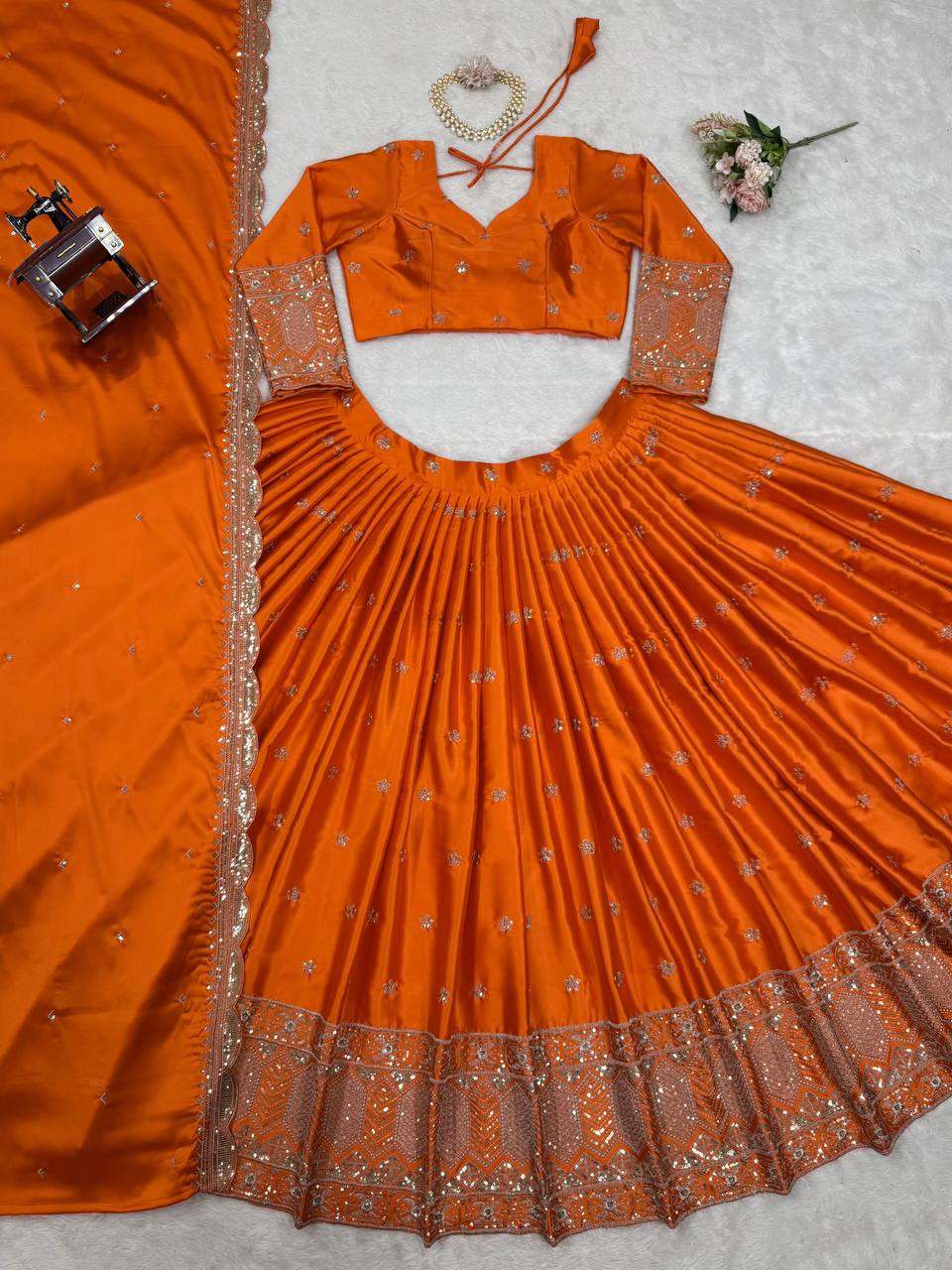 Orange Color Satin Silk Fabric With Sequence Work Lehenga