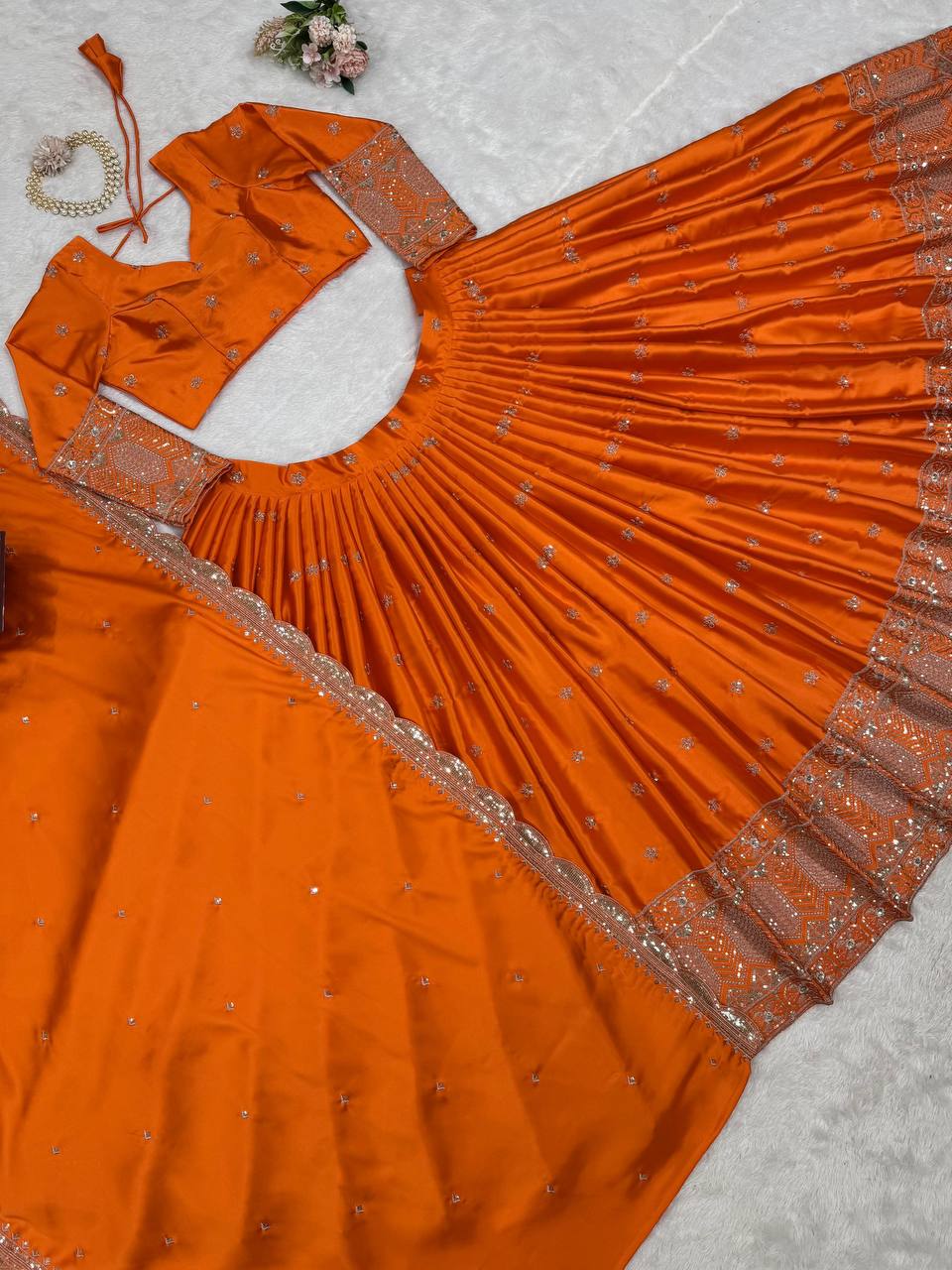 Orange Color Satin Silk Fabric With Sequence Work Lehenga