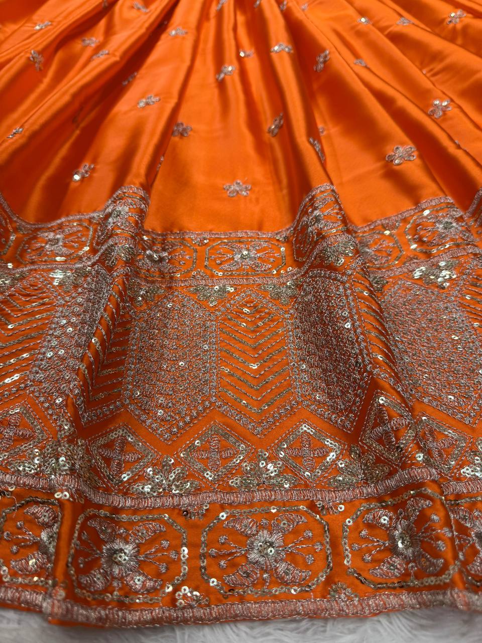 Orange Color Satin Silk Fabric With Sequence Work Lehenga