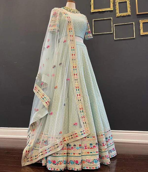 Sky Blue Color Star Faux Georgette Fabric Sequence Embroidery Work Lehenga Choli