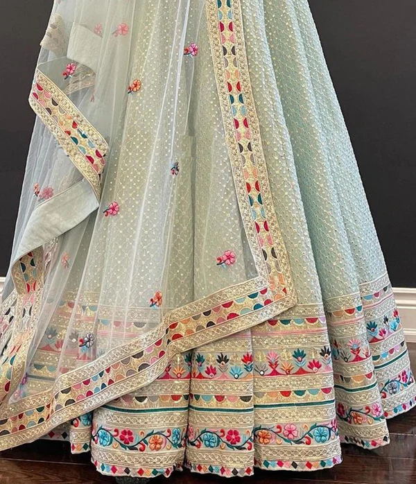 Sky Blue Color Star Faux Georgette Fabric Sequence Embroidery Work Lehenga Choli