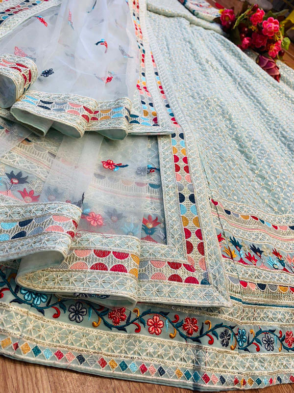 Sky Blue Color Star Faux Georgette Fabric Sequence Embroidery Work Lehenga Choli
